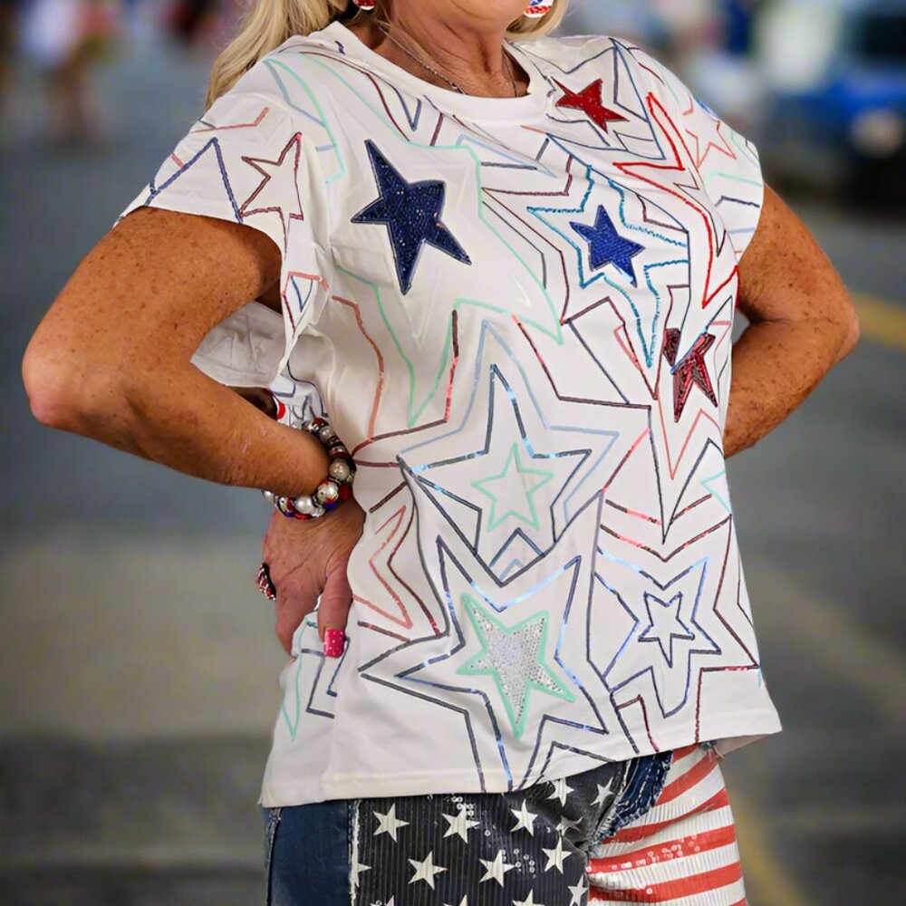 NWT Queen of Sparkles White Groovy Red, Blue & Sequin Star Tee - Picture 2 of 5